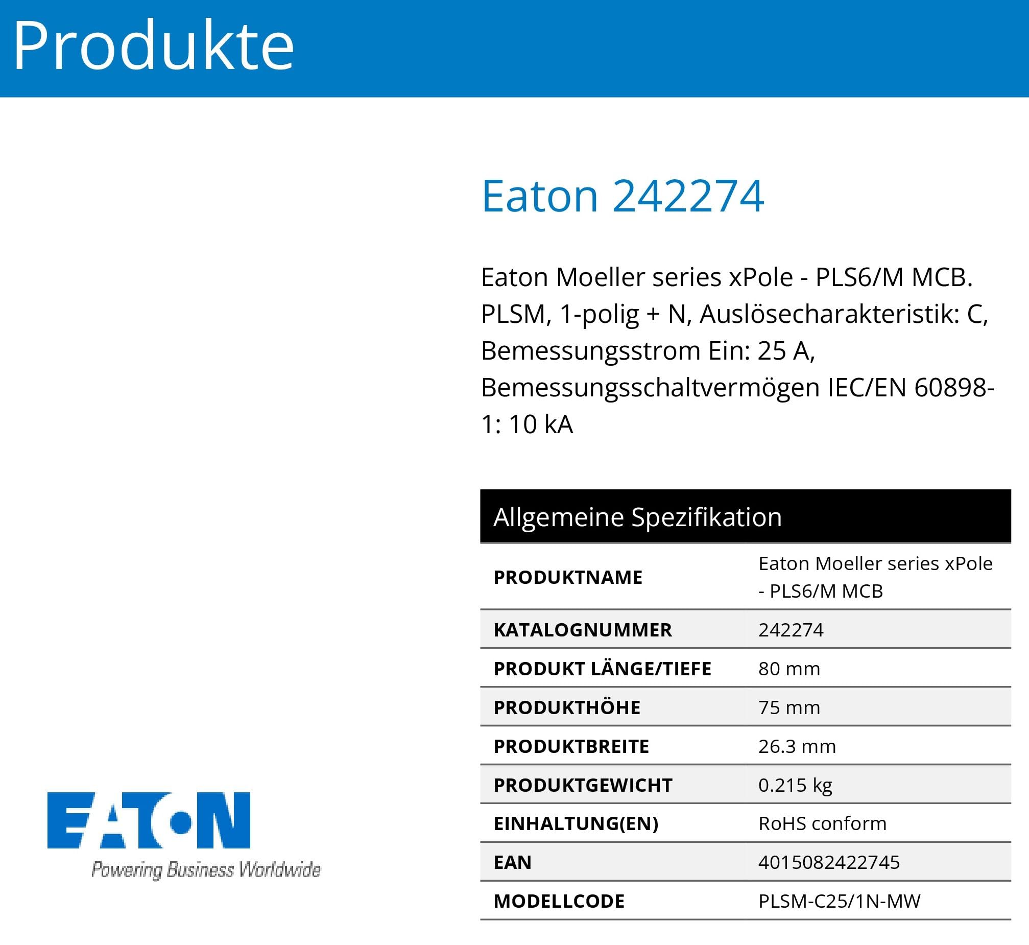 Eaton PLSM-C25/1N-MW Leitungsschutzschalter 25A 1P+N 1-polig+N C-Charakteristik LS-Schalter (242274 alt 244802)