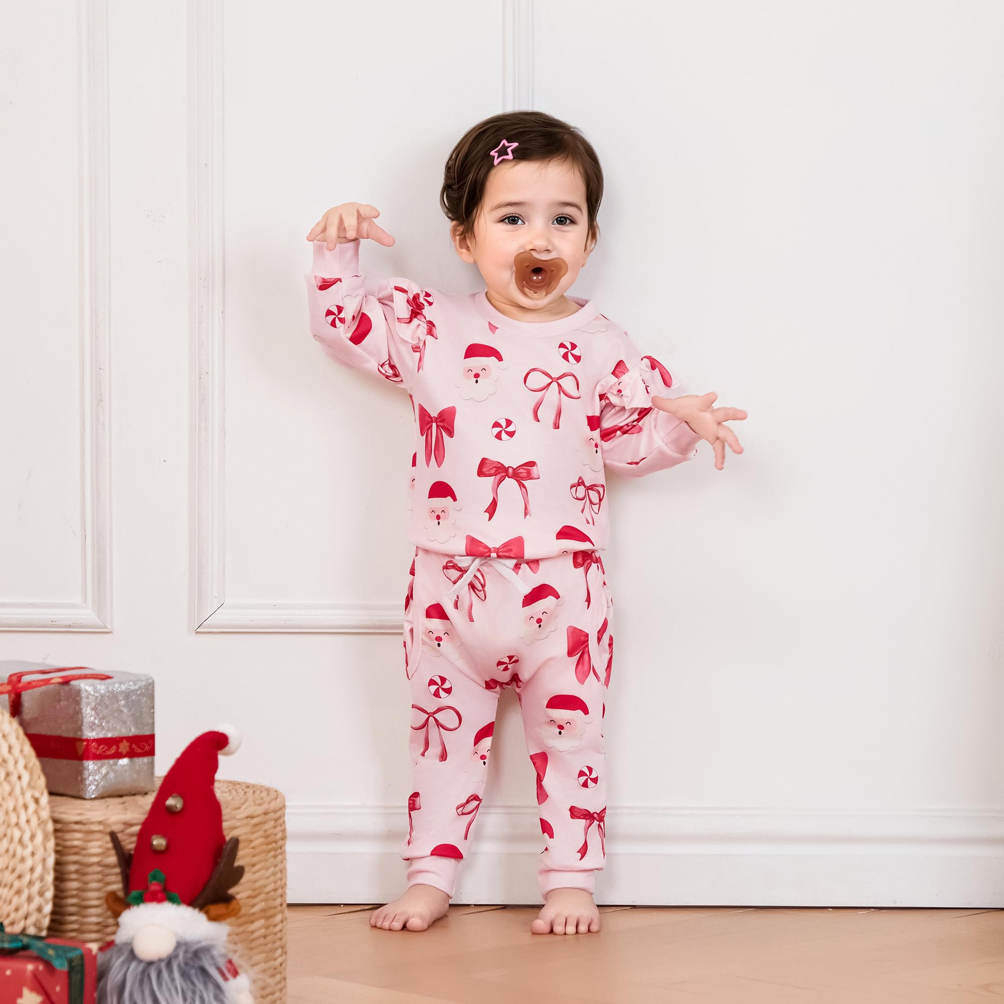 FYBITBO Toddler Baby Girl Christmas Outfit Santa Bow Print Long Sleeve Ruffle Sweatshirt Pants Set 2Pcs Fall Winter Clothes (Santa Claus, 2-3T)