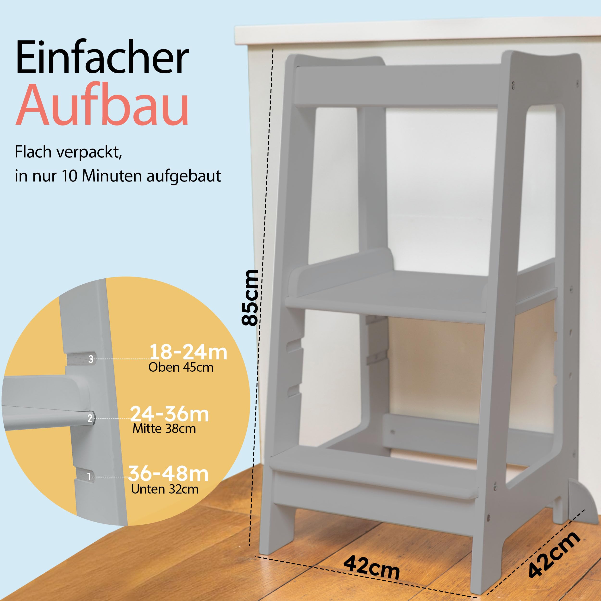 Stepup Baby Montessori Lernturm Tritthocker | Hochstuhl | Höhenverstellbar | Küchenhelfer | Sicherheitsgeländer | Für Kinder von 18 Monaten bis 5 Jahren - Grau