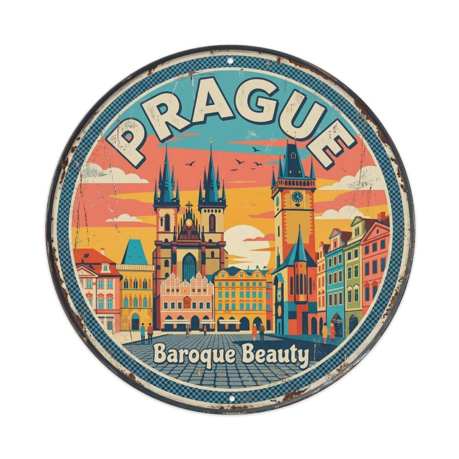 Vintage Travel Prague Oldtown Czech Metal Tin Sign Plaque Wall Decor for Cafe, Club Bar, Office, Home Garden Round Metal Poster 8x8Inch
