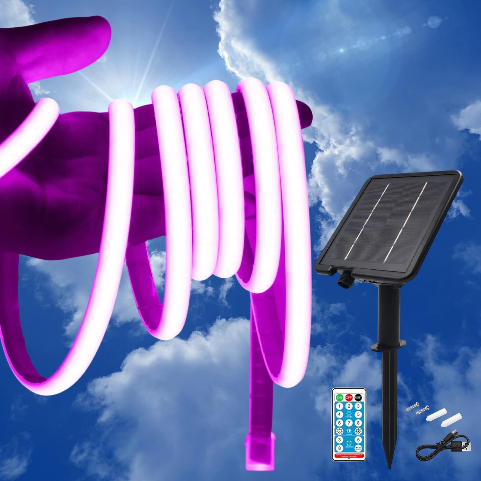 KISUFU 24V Solar LED Strip Lights Outdoor, 320 LEDs/M IP68 Waterproof Cuttable Self-Adhesive Rope Light with 2400mah 8 Modes Battery Box Remote Control for Porch Gazebo Yard Trees Garden Decor.