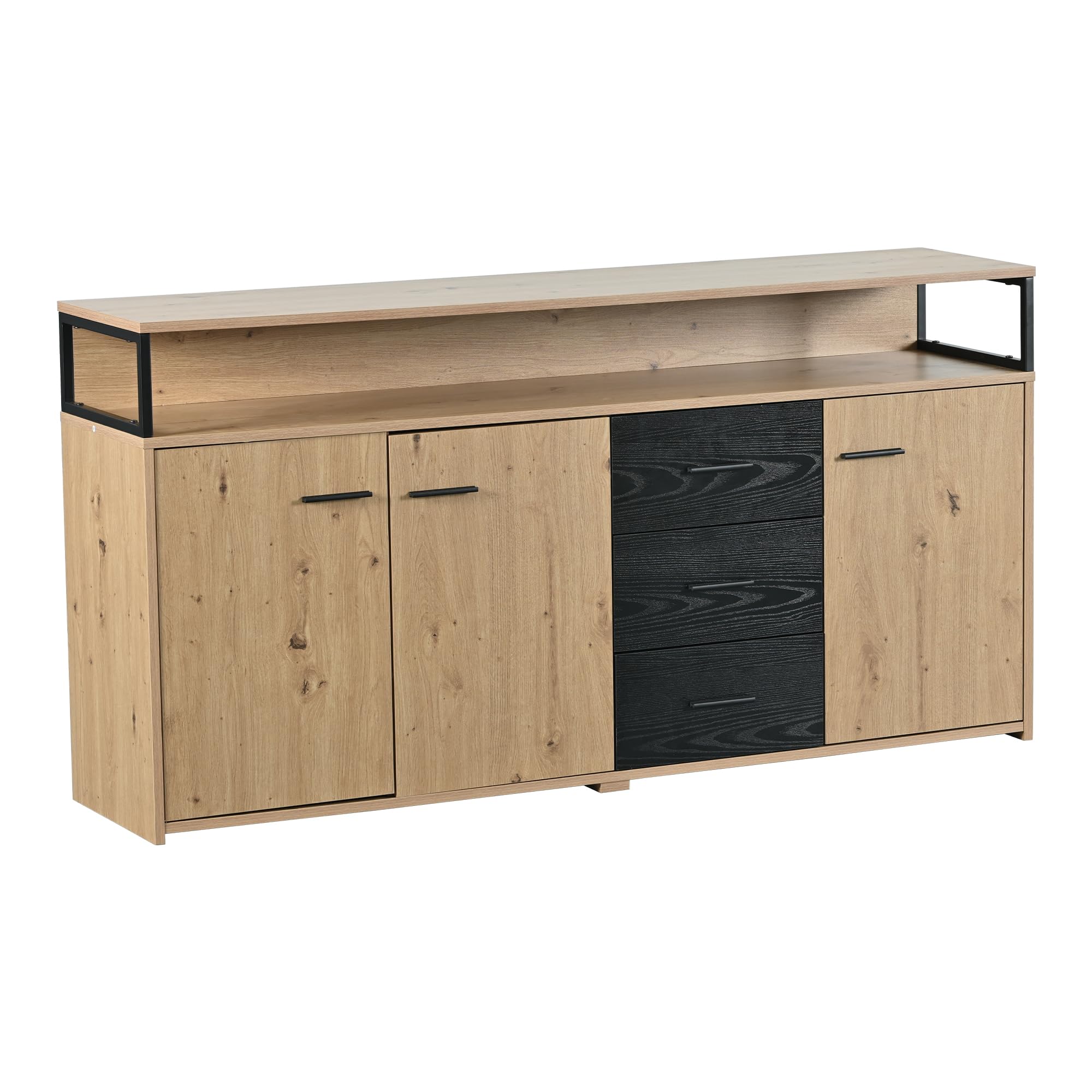 Aparador industrial de 150 x 35 x 75,9 cm con tres puertas y tres cajones, armario de cocina, armario multiusos con asas de metal para dormitorio, salón y oficina