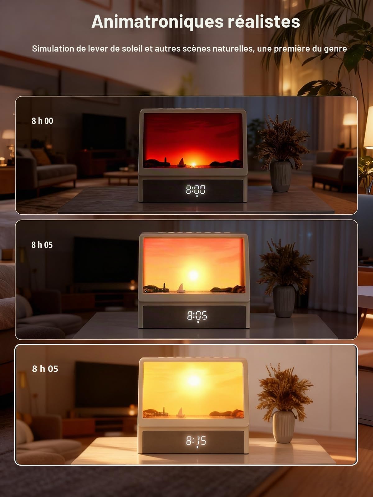 Réveil Lumineux Simulateur d'aube, Veilleuse Machine Bruit Blanc Animation Créative d'aube Simulée Avec 7 Modes, 12 Sons Naturels, Enceinte et Télécommande, Sunset Lampe Chevet Cadeau Noel Femme