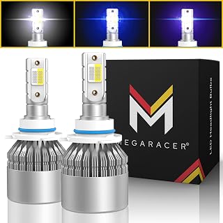 Mega Racer H10/HB3/9005 LED Headlight Bulbs 3 Colors Changing Lights (6000K Diamond White, 8000K Ice Blue, 10000K Dark Blue) for High Beam Low Beam or Fog Light 50W 8000 Lumen IP68, Pack of 2