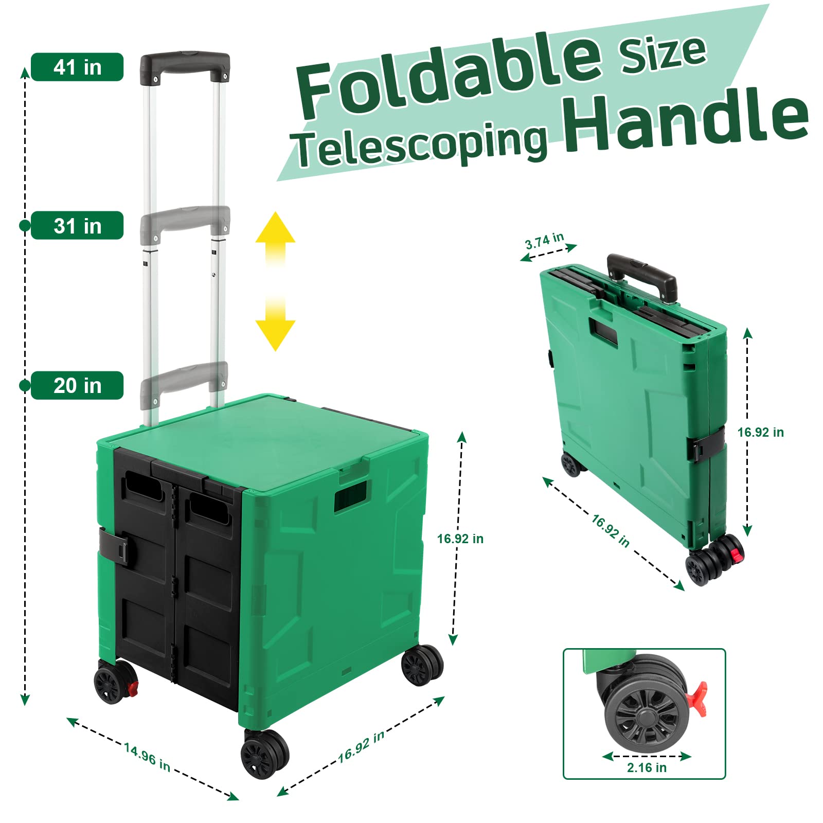 Pieghevole trolley spesa su 4 ruote, Carrello Portaoggetti con Manico Telescopico Regolabile, Cestino Spesa Portatile Resistente da 50 kg con Coperchio per Spesa/Campeggio - Verde/Nero