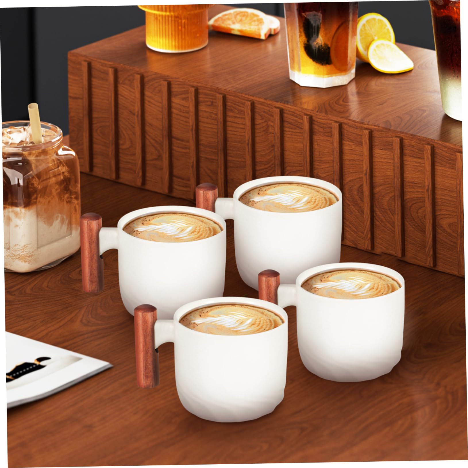 4 Stück Keramik Espressotassen mit Holzgriff Weiß Kompakt Angenehmes Trinken für Kaffee