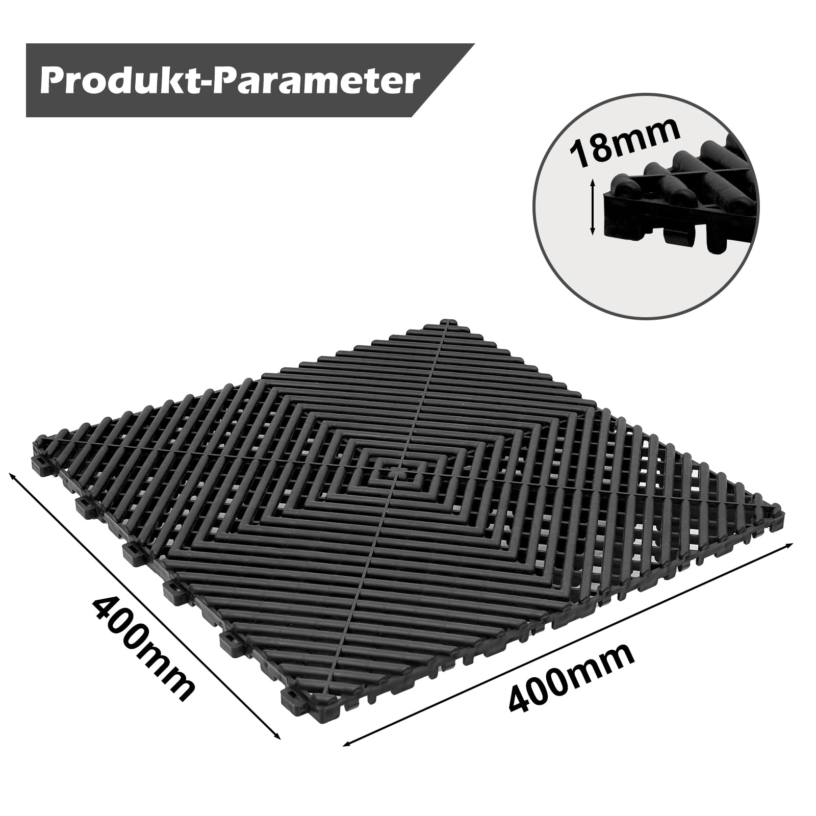 uyoyous Klickfliesen Garage Garagen 20 Stück PP Garagenboden 40×40CM Werkstattboden Garagenboden Matten 18MM Dick Drainagematte Schwarz für Garage, Outdoor, Innenpool (3.2m²)