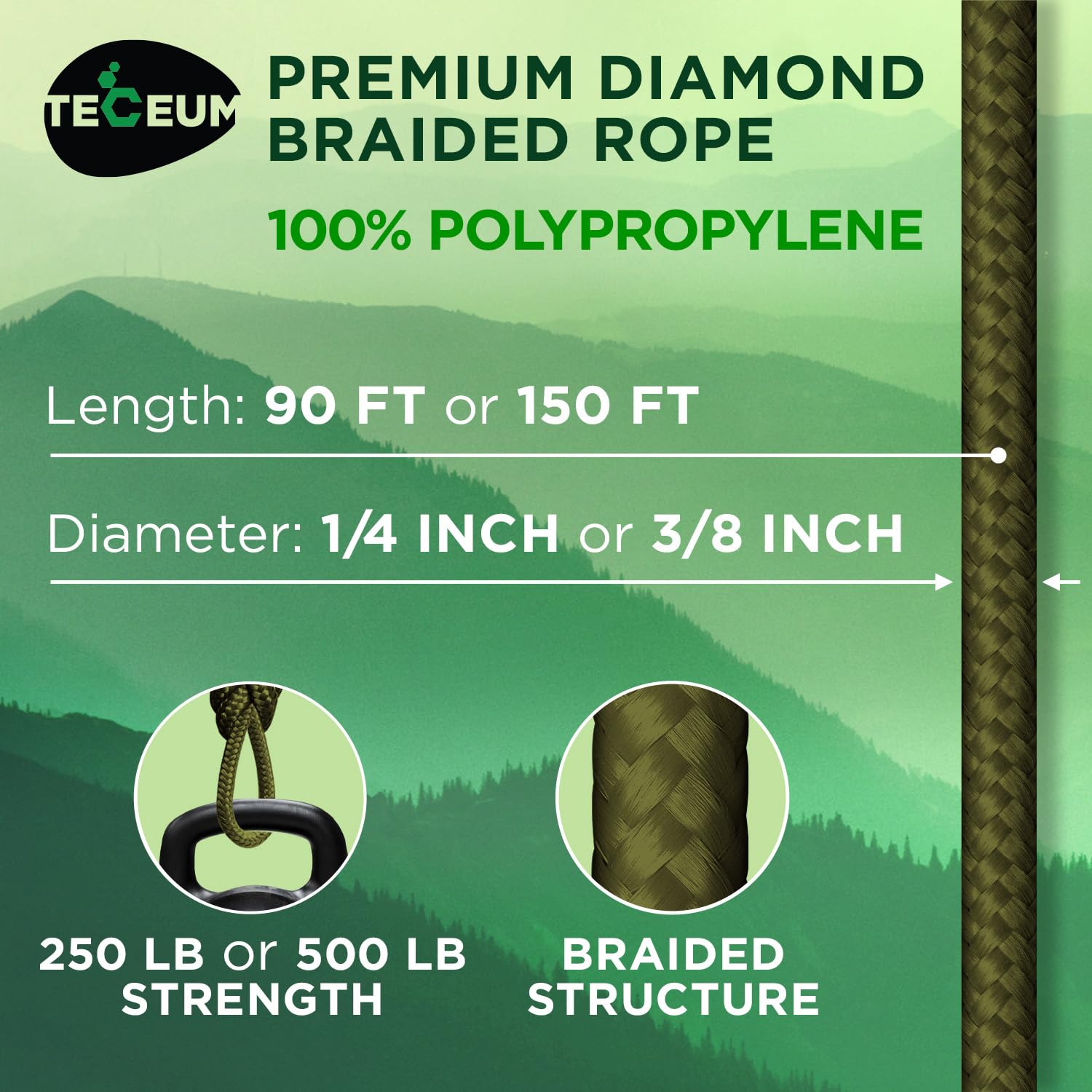 TECEUM Rope – 90 Feet x 1/4 Inch (7mm) – Army Green – Strong All-Purpose Utility Rope – Camping, Crafting, Flag Pole, Indoor & Outdoor – Polypropylene Nylon Poly Lightweight Diamond Braided Cord - 3
