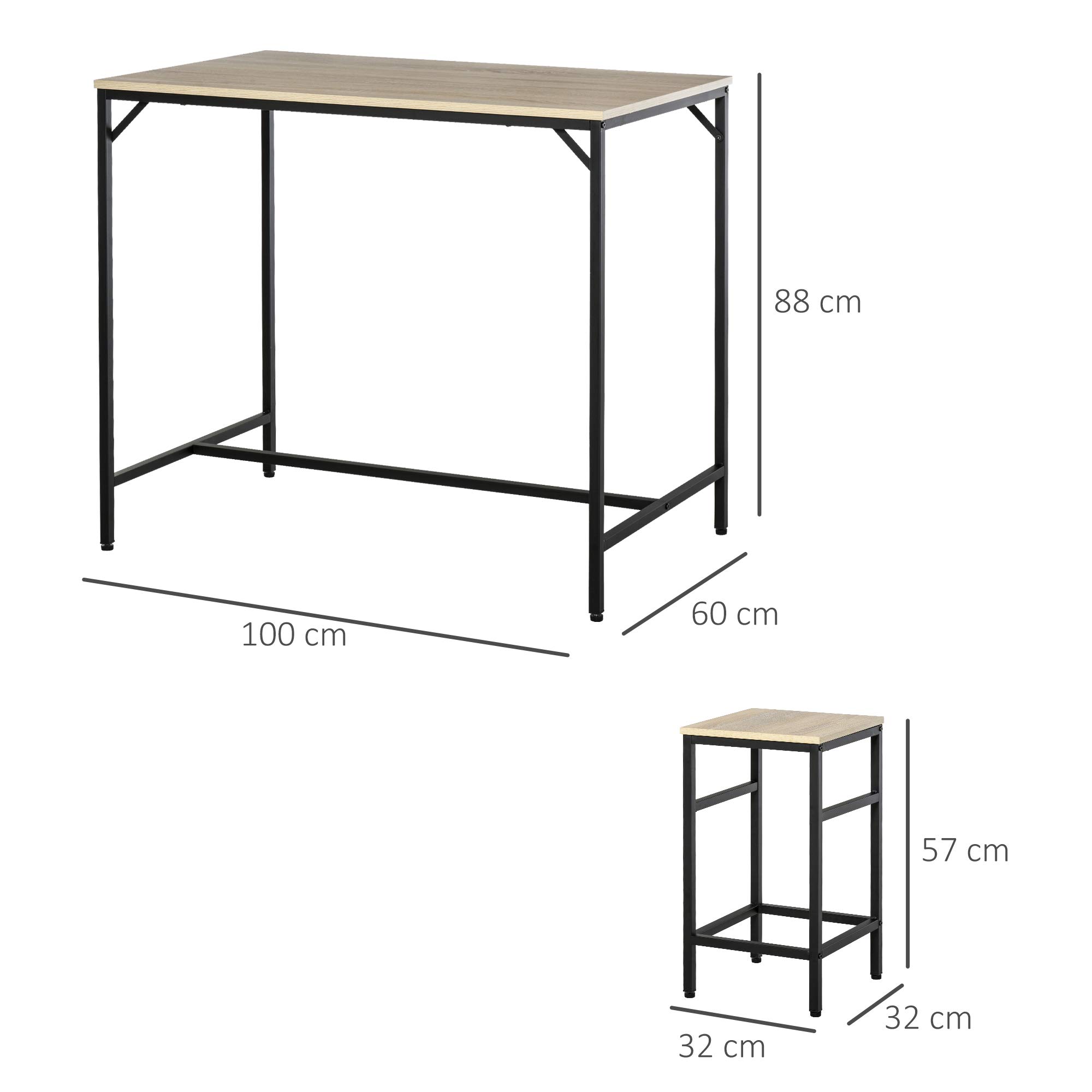 HOMCOM Bar Tisch und 4 Hocker Set 5 Stück mit Fußstützen Hohe Möbel Set mit Tisch 100x60x88 cm und Hocker 32x32x57 cm für Esszimmer Küche Schwarz & Eiche