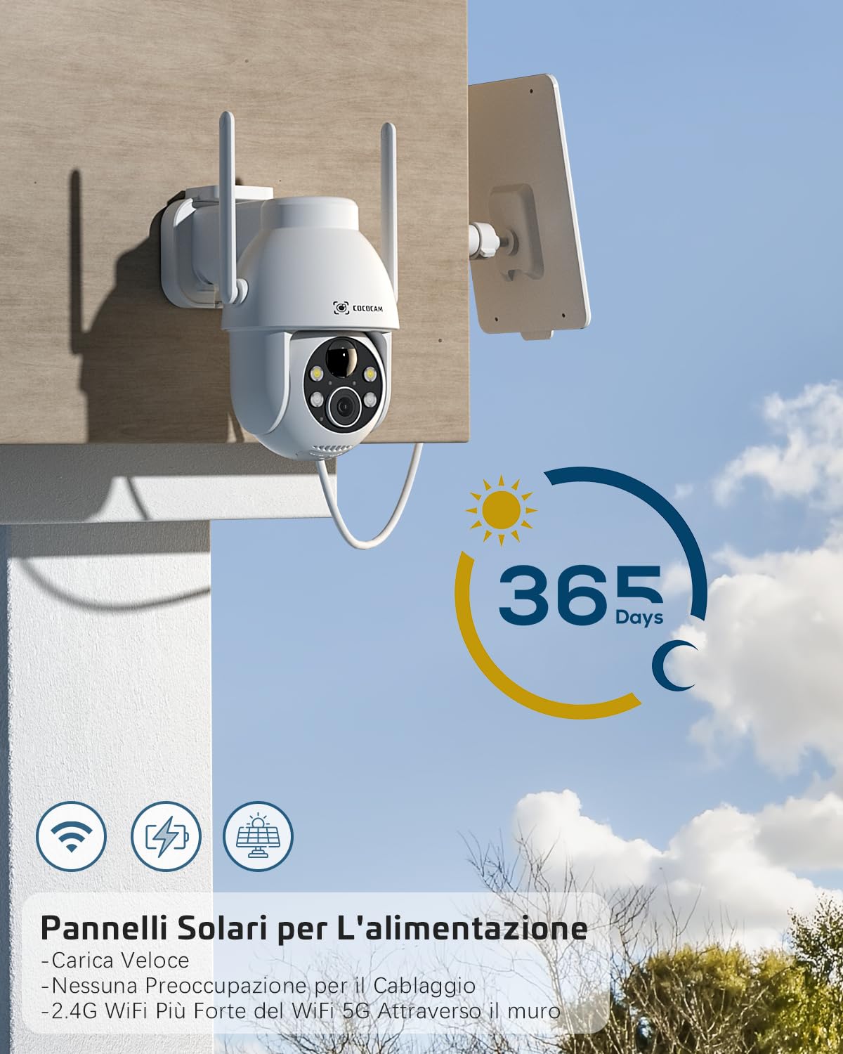 COCOCAM 2PCS 2K Telecamera Wi-Fi Esterno Solare | PTZ Senza Fili con AI Rilevamento Umano, Visione Notturna a Colori, Audio Bidirezionale, Supporto Alexa, 2,4GHz, Cloud