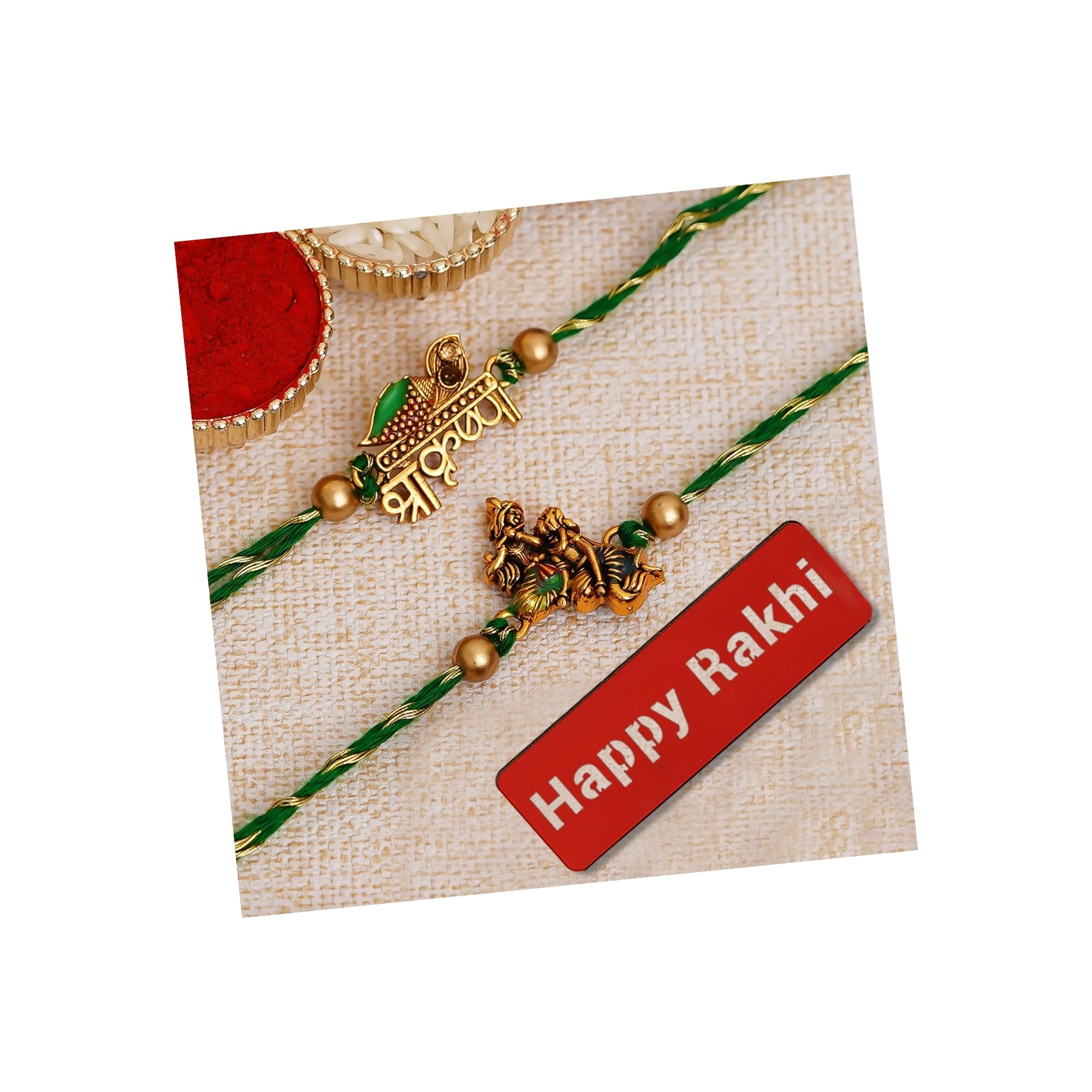 eCraftIndia Set of 2 Green & Golden Shri Krishna and Radha Krishna Playing Flute Designer Religious Rakhis, Happy Rakhi Wooden Cutout with Roli Chawal Pack - Rakhi for Brother, Bhaiya, Bhai (B0D1CDDLXK) Amazon Price History, Amazon Price Tracker