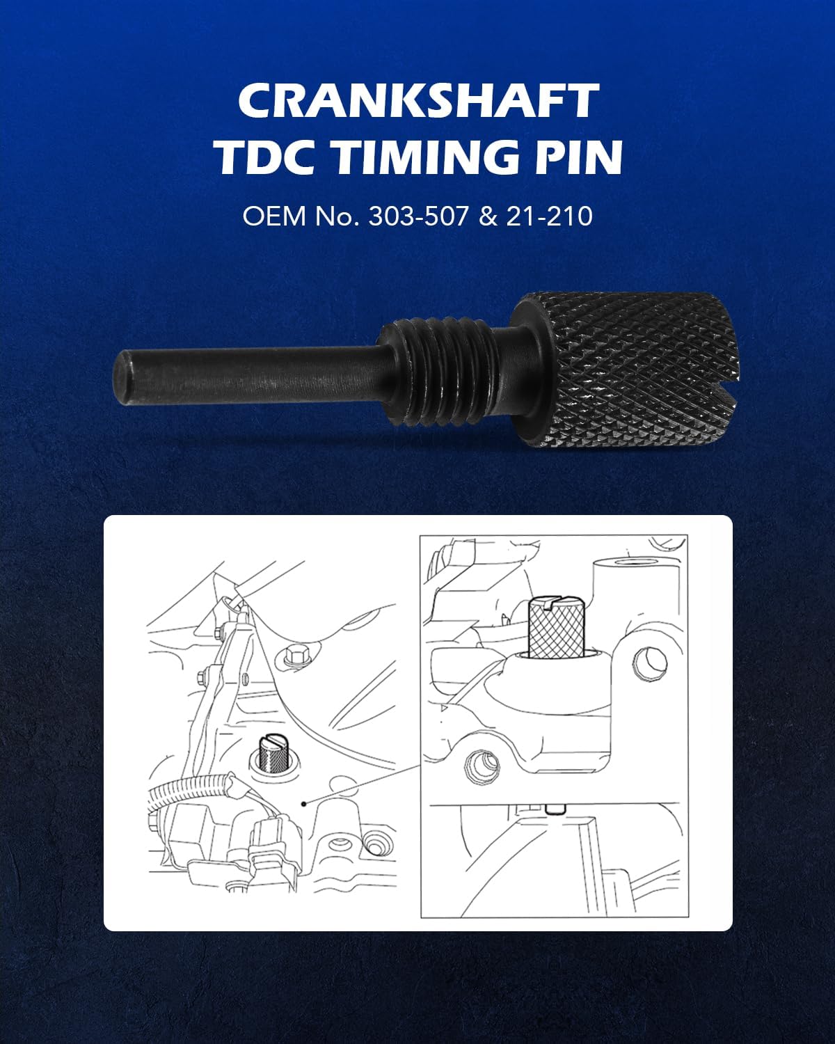 Diagram showing a timing pin inserted into the crankshaft to lock it at TDC.