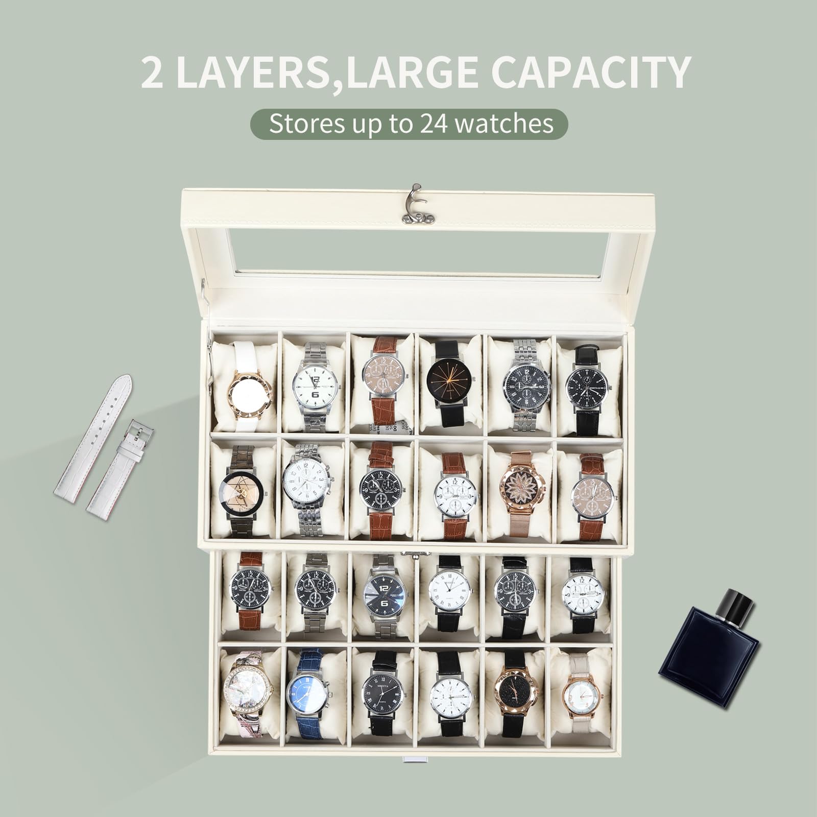 Coffret à Montres AUTOARK en Cuir et Velours, 24 pièces, Couvercle en Verre, tiroir de présentation, Organisateur verrouillable, Coussins Amovibles Beiges pour Montres, Beige, MKAW036