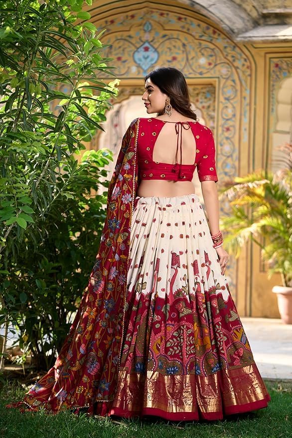 Jay Varudi Creation Women's Tussar Silk Lehenga Choli Set | Patola Print with Foil Work | Unstitched Blouse | Designer Ethnic Wear for Navratri, Wedding, Festival & Party - Image 4 thumbnail