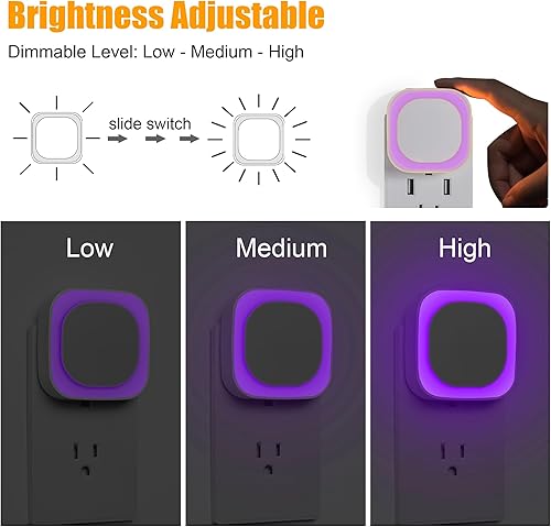 Miniatura 2 de Paquete de 2 luces nocturnas moradas, cuidado suave de los ojos con brillo suave regulable y reflejo indirecto, sensor automático del atardecer al