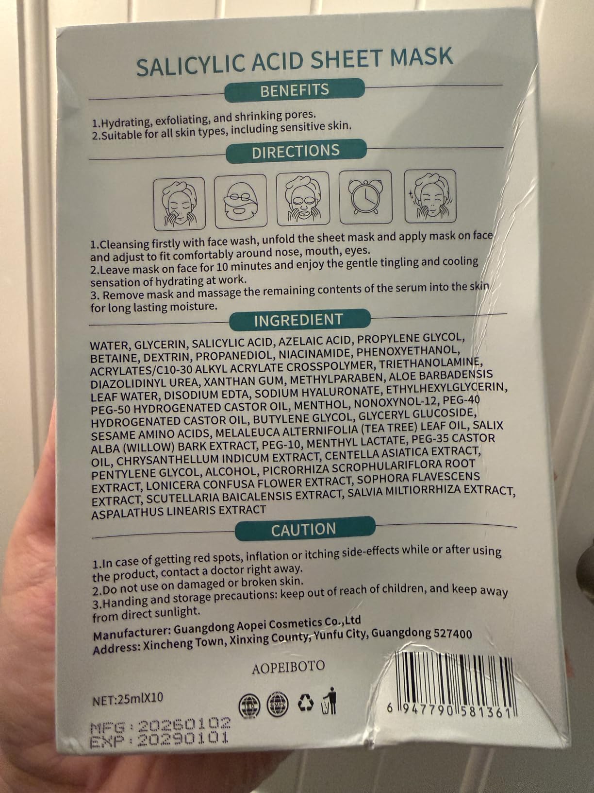AOPEIBOTO Salicylic Acid Mask, Acne Face Mask with Centella Asiatica Extract, Tea Tree Leaf Oil, Hydrating, Pore Minimizing & Exfoliating, Pack of 10