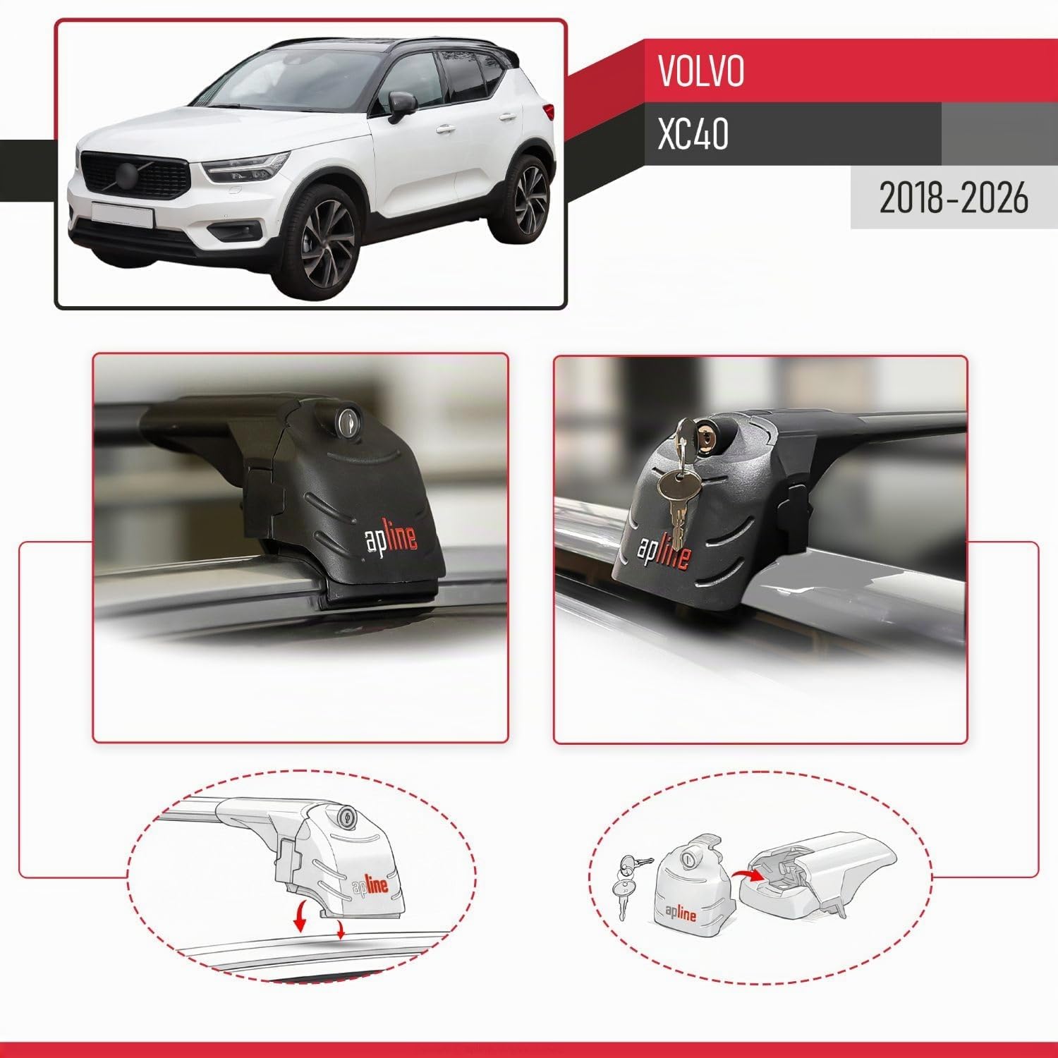 Compatible con Volvo XC40 2018-2026 Modelo Ace-2 Barra de Techo Auto Portaequipajes Barras Transversales Negro Aluminio 2 Barras