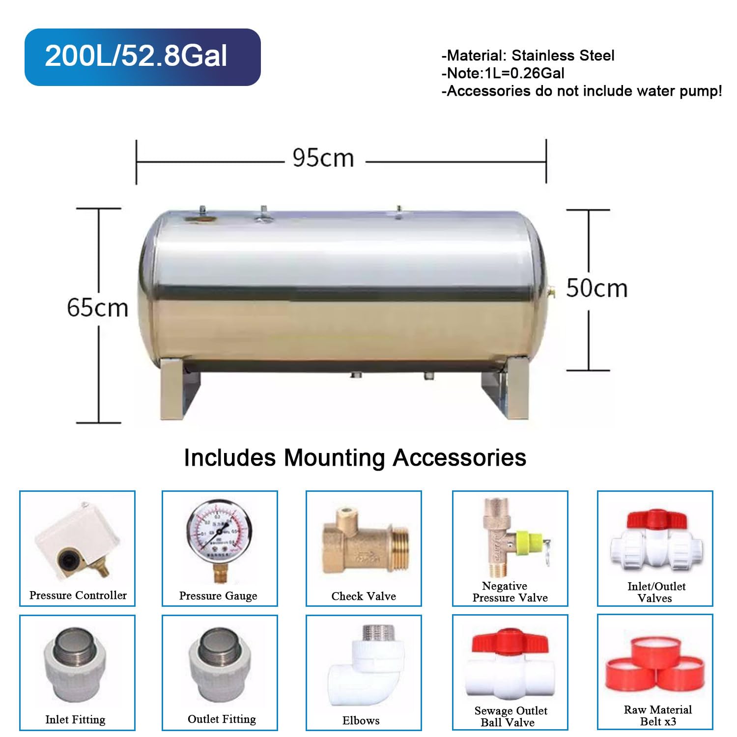 Surpresseur Réservoir sous Pression d'eau d'acier Inoxydable de Ménage, Alimentation en Eau Automatique du sous-Sol - Capacité 100 160 200L, Kit D'installation Complet,200L/52.8Gal