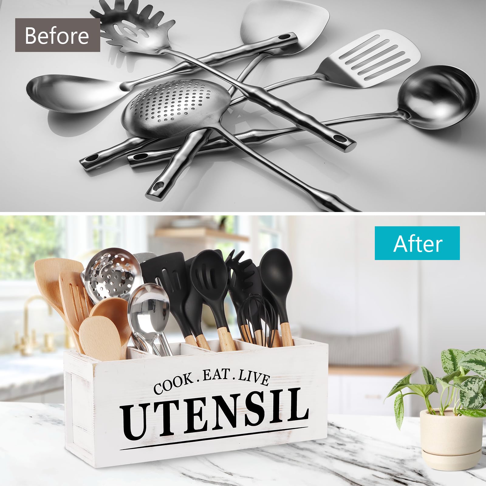 Farmhouse Wooden Utensil Holder With 4 Compartments - Rustic Kitchen Countertop Organizer, White