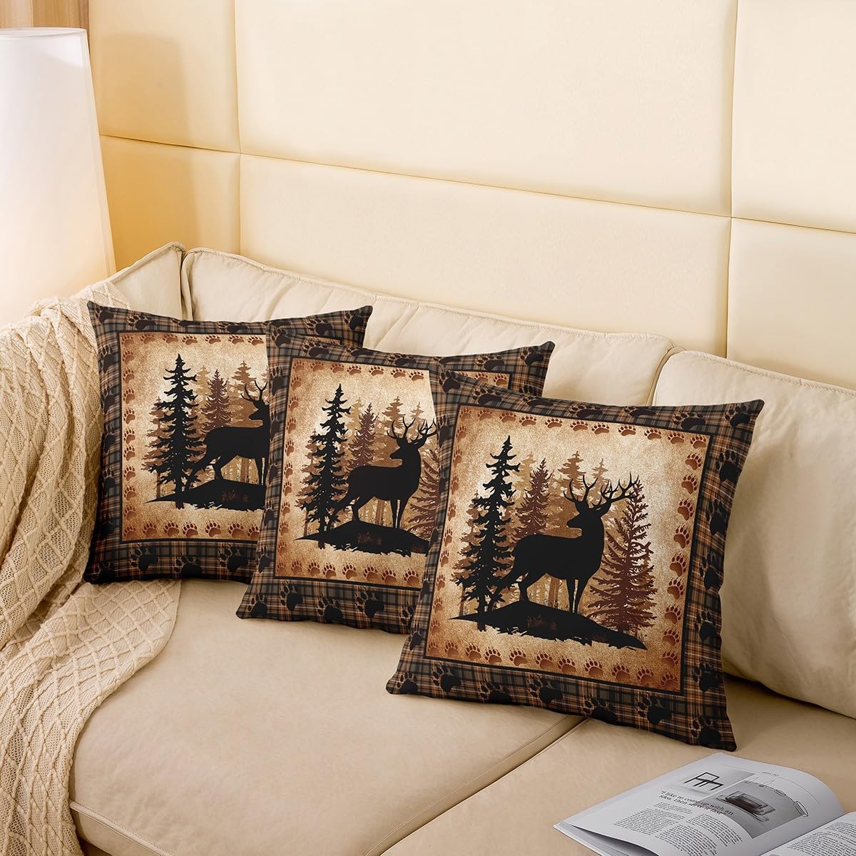 Wild Deer Throw Pillow Covers 22x22 Inch Set of 2 Jungle Pine Trees Cute Animal Paw Print Pillow Cases for Kids Teens Adults Retro Grid Rustic Farmhouse Style Cushion Covers for Couch Chairs Bed