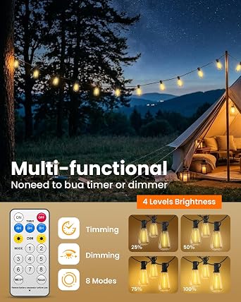VOLIVO 54FT ST38 Solar String Lights Waterproof, Patio Lights Solar Powered with Remote & USB Port 16+1 LED Shatterproof Bulbs 8 Light Modes, Dimmable Solar Light for Camping Backyard Garden