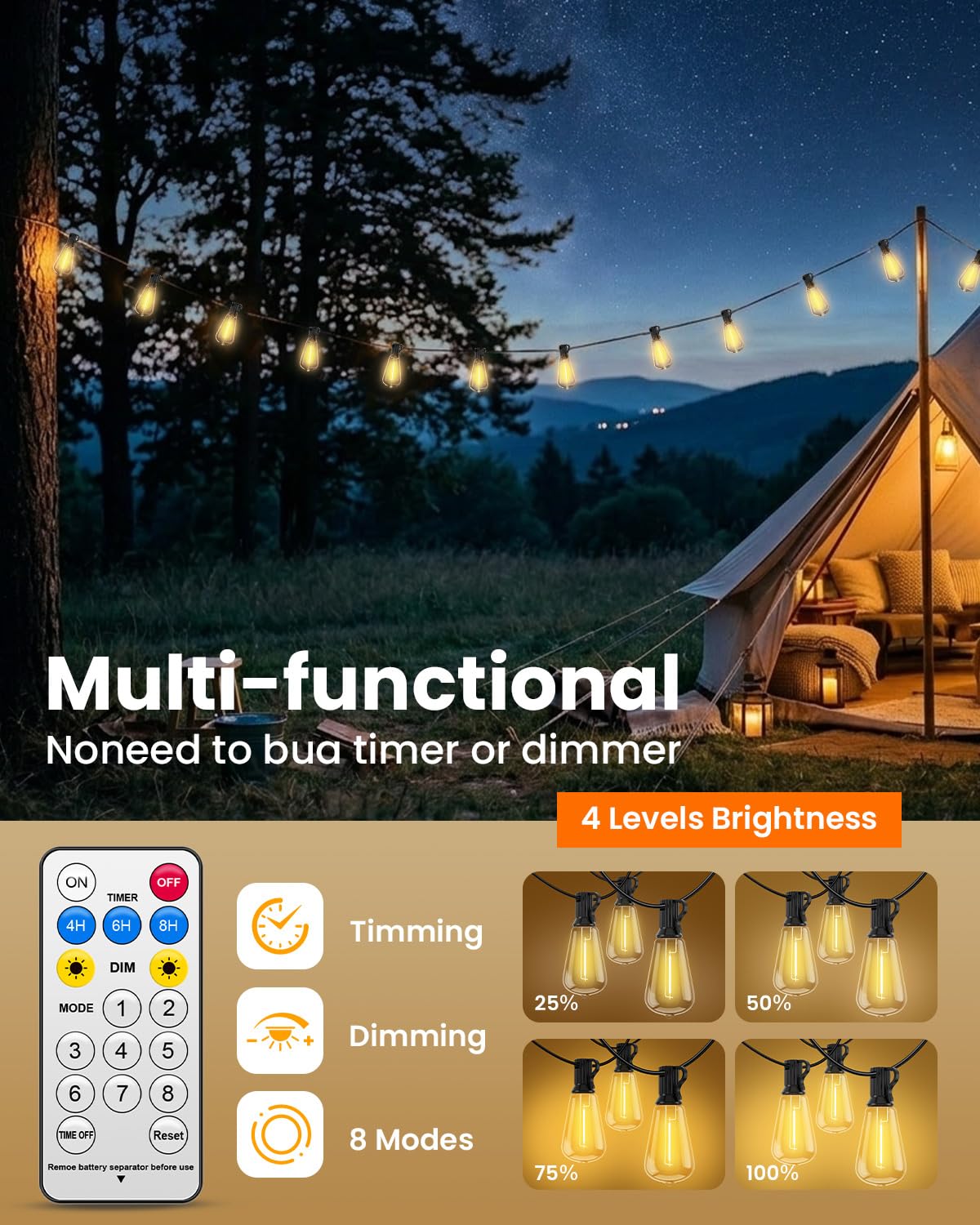 VOLIVO ST38 Solar-Lichterkette, wasserdicht, Terrassen-Lichter, solarbetrieben mit Fernbedienung und USB-Anschluss, 16 + 1 LED, bruchsichere Glühbirnen, 8 Lichtmodi, dimmbare Solarleuchte für Camping
