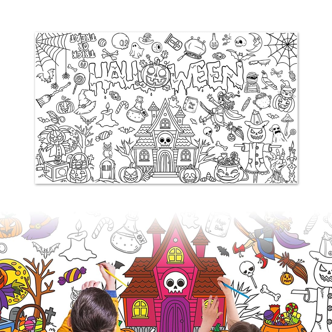 Nappe à Colorier Halloween Géante - 183x79 Cm - Papier Créatif Pour Enfants - Activités Fête Et Scolaire