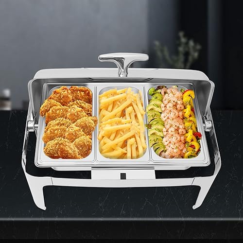 Miniatura 9 de Plato para rozar con parte superior enrollable de 14.3 cuartos de galón, 3 sartenes rectangulares de acero inoxidable visible para catering,