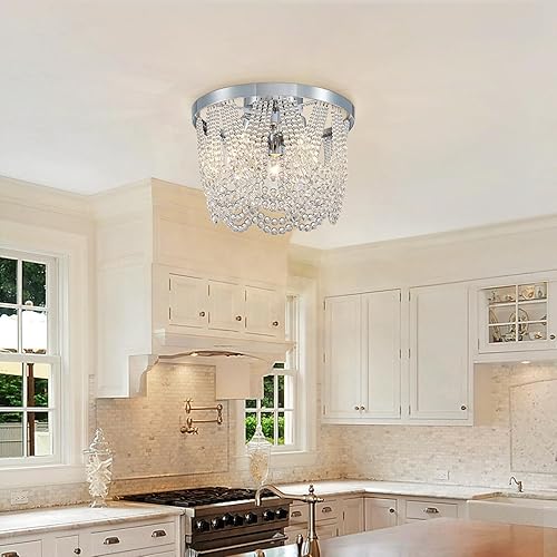 Miniatura 7 de Lámpara de techo moderna de 12.6 pulgadas de montaje empotrado, lámpara de techo redonda de cristal, lámpara de techo de casa de campo, 3 luces,