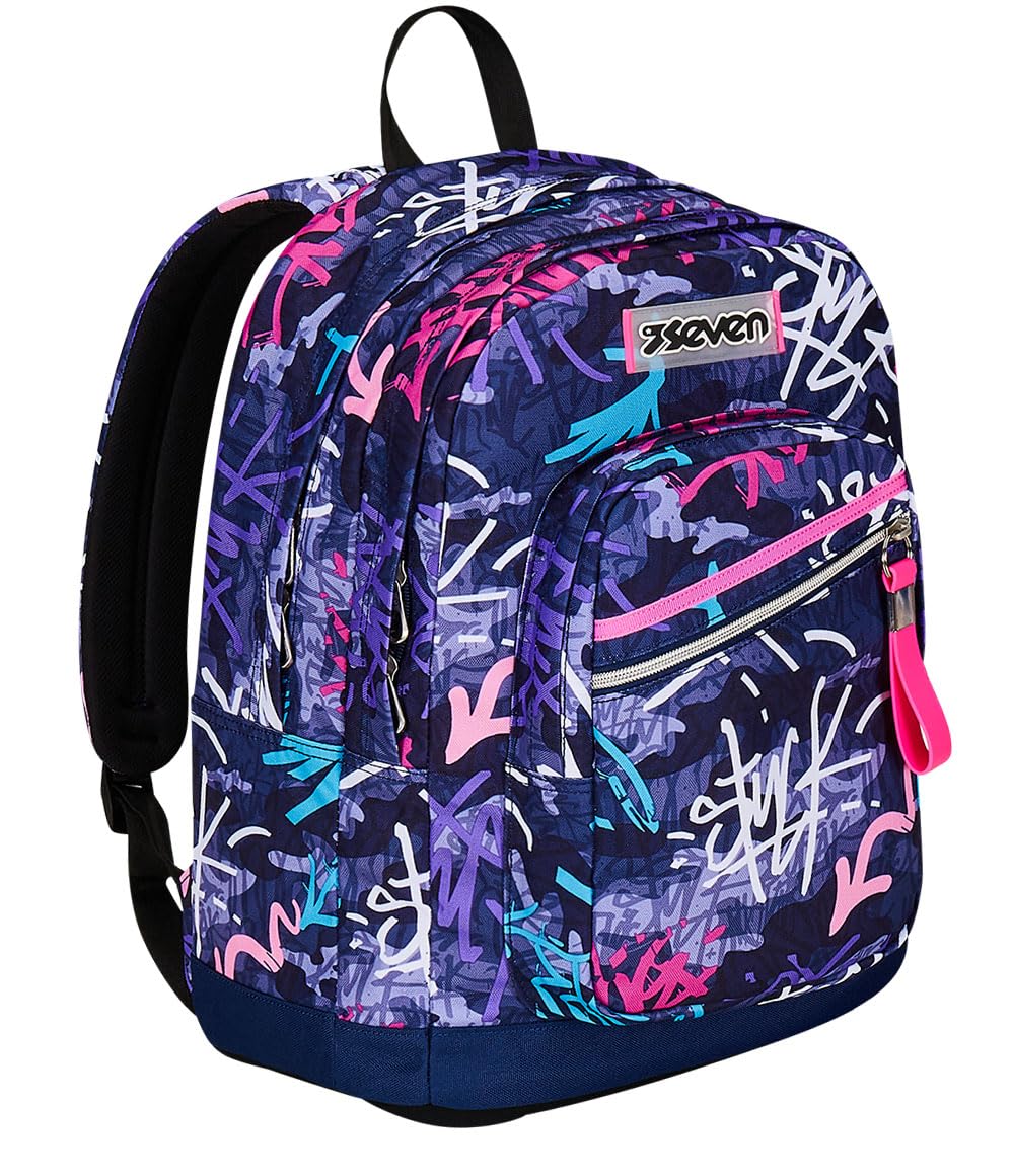 Seven Zaino Scuola Doppio Scomparto New Fit, GraffitiMix Viola Tasca Porta Borraccia, Bambini e Ragazzi + Astuccio 3 Zip + Portpenne