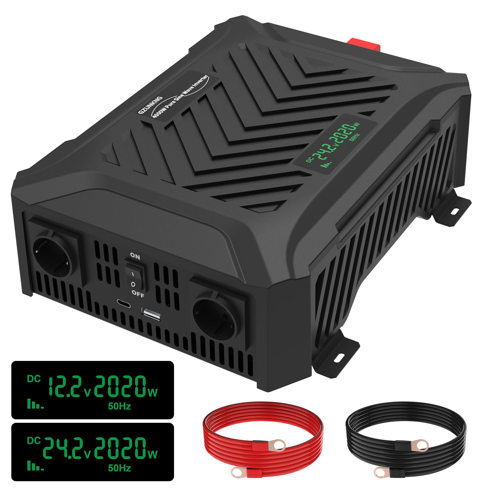 Dual Voltage Wechselrichter 12V/24V auf 230V Reiner Sinus Universal Dualer Spannungswandler 2000W/2000W, Automatische intelligente Erkennung von 12V/24V, Spitzenleistung 4000W/4000W.