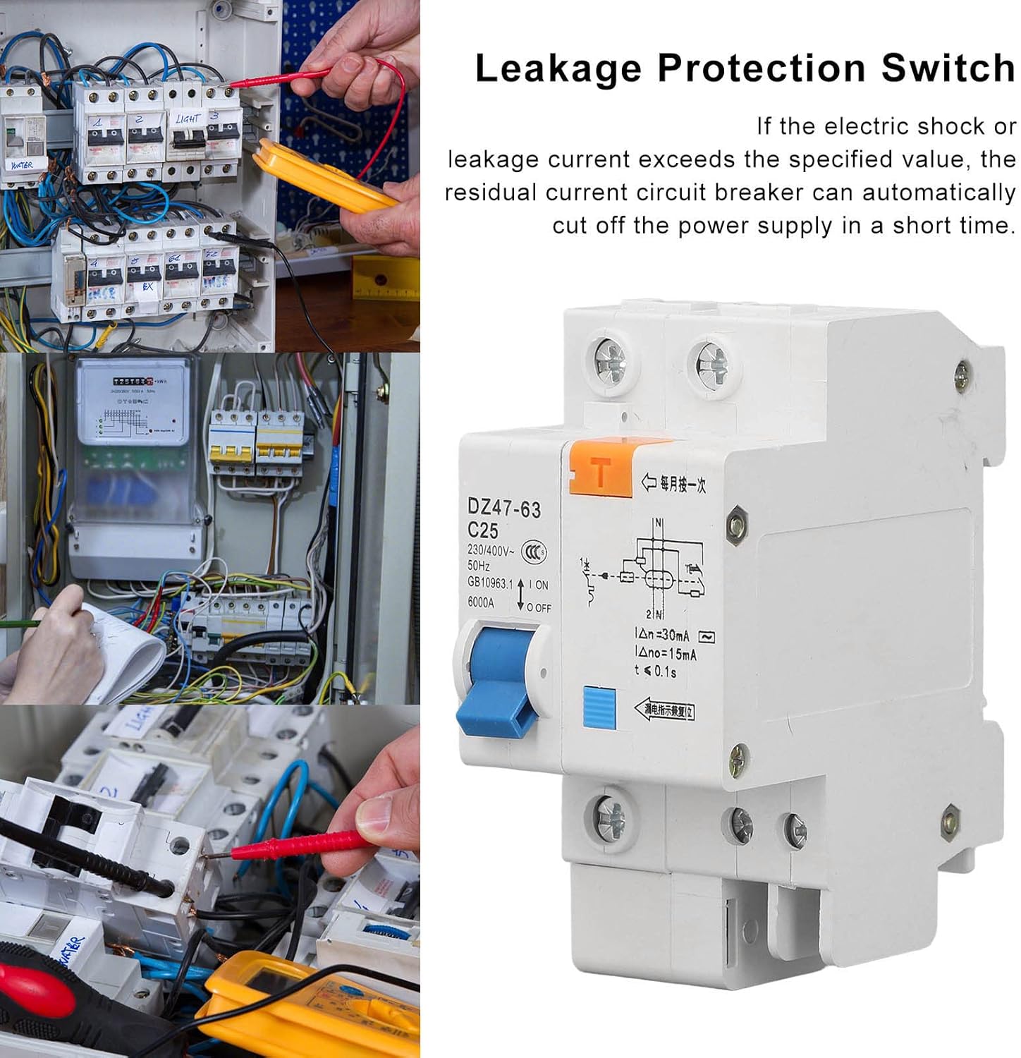 Leakage Protection Switch, PA66 Shell Ground Fault Circuit Breaker Good Sensitivity AC 230V 400V 25A Safe Operation for Engineering for Household Pushbutton Switches
