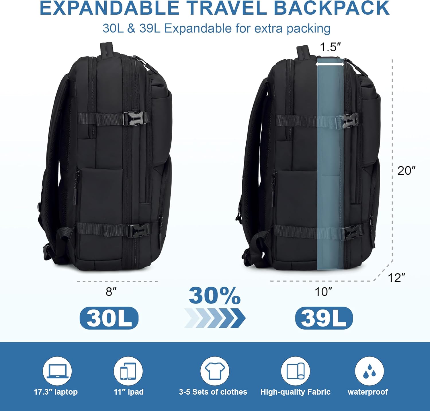 BAGOK Carry On Travel Backpack, 35L-40L Expandable Extra Large Airline Approved,Lightweight Daypack for Men and Women（Black）