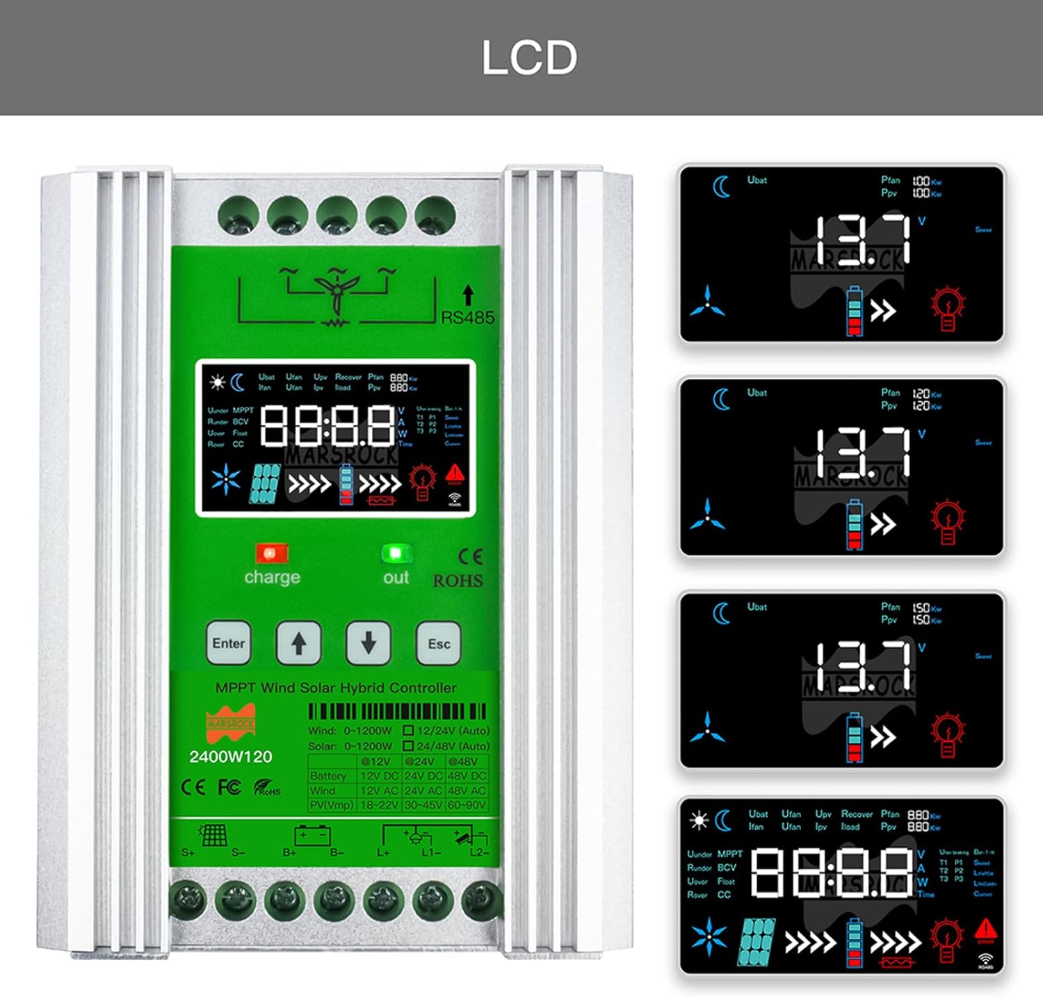Marsrock MPPT Hybrid Wind Solar Controller LCD display examples