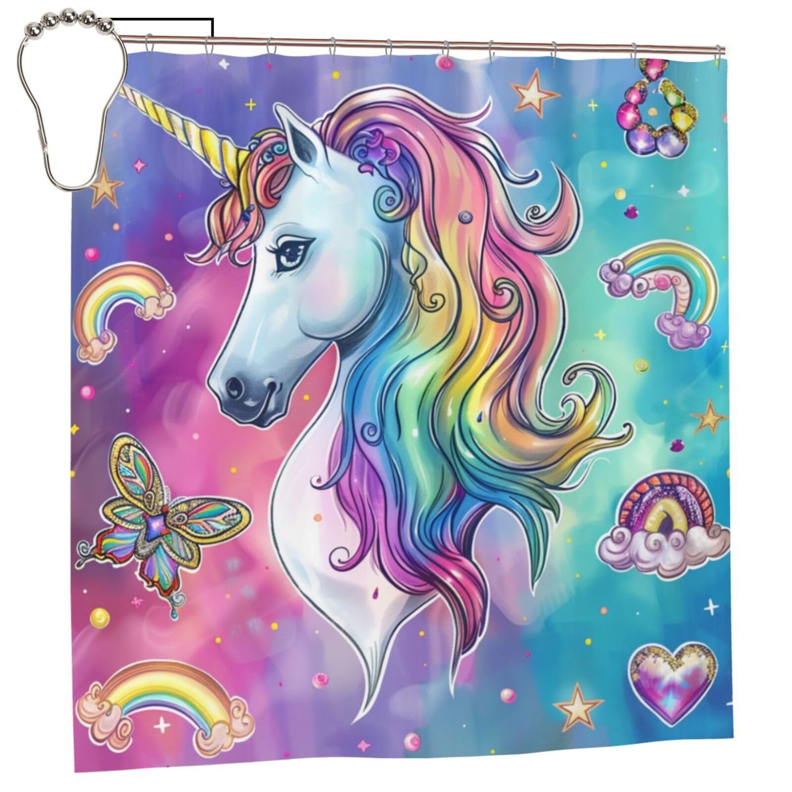 BWWHCCTI Rainbow unicorn Printed Shower Curtain With 12 Iron Hooks Opaque Quick Drying Waterproof Shower Curtains Sets For Bathroom 183x183 CM