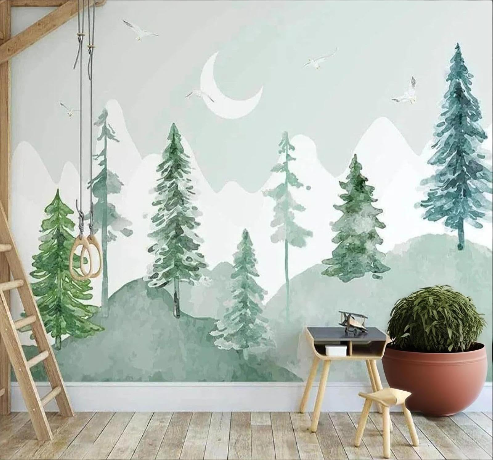 XLMING Hand Drawn Woodland Plants Moon Nursery 3D Wallpaper Luxury Silk Study Dining Feature Sofa Grey Bedroom Living Room Tv Decorative Wall-300cm×210cm
