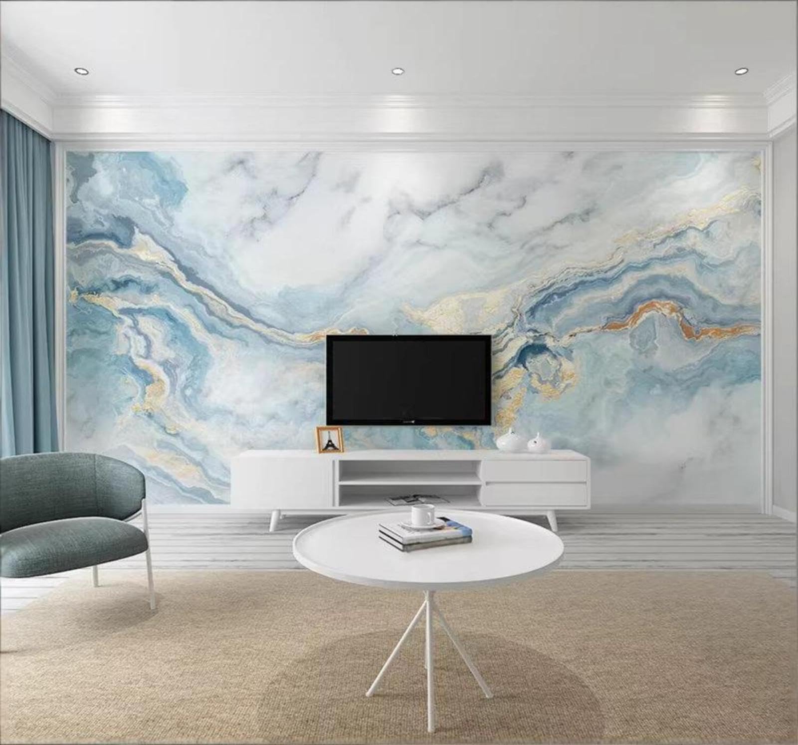 Minimalist Abstract Blue Ink Wash Marble Effect 3D Wallpaper Easy Install Feature Office Living Room Sofa Bedroom TV Background Wall Decoration-200cm×140cm