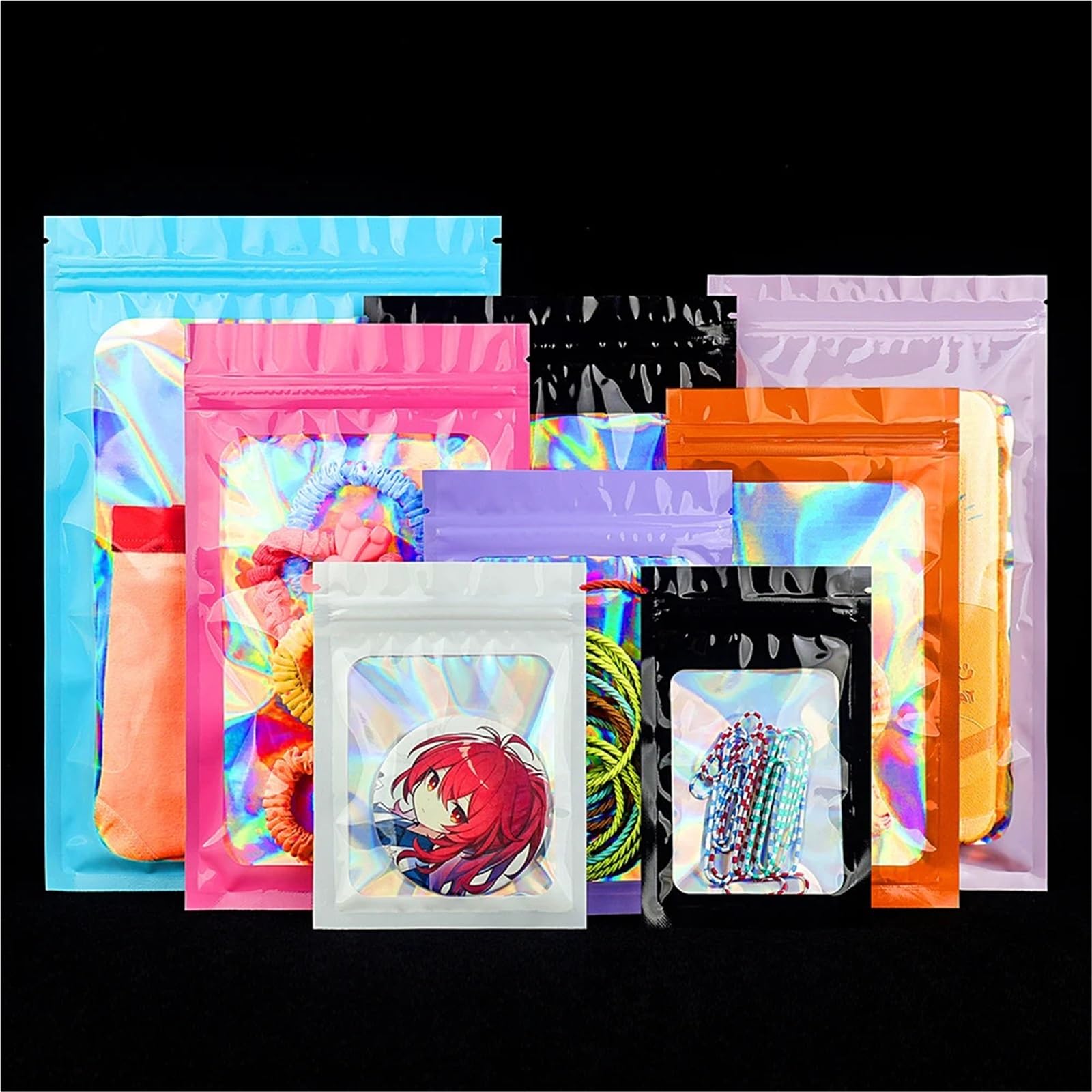 Sacchetti a chiusura lampo con olografica a colori da 200 pezzi, bustine for gioielli, collane, cosmetici, for imballaggio for piccole imprese per Alimenti e Campione(Pink,8x13cm)