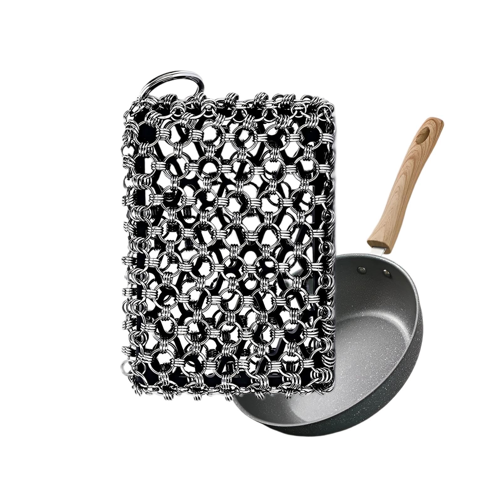 2026 Upgrade 316 Stainless Steel Pan Cleaner, 4.5 Inch Triple-Ring Chain Mail Scrubber with Silicone Core