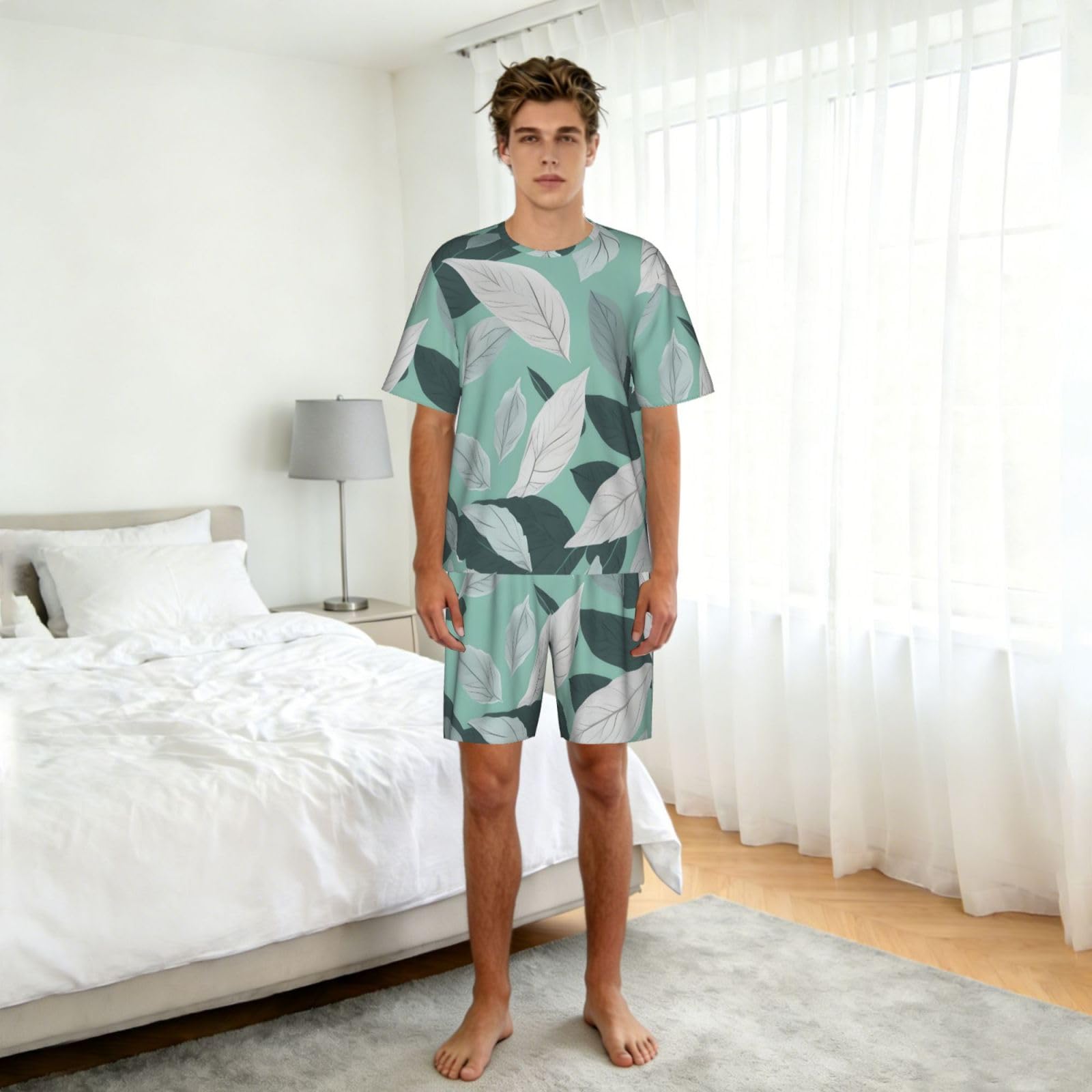 Conjunto de pijama clásico con estampado de hojas grises menta, pantalones cortos de pijama suaves para hombre, perfecto para las noches de verano