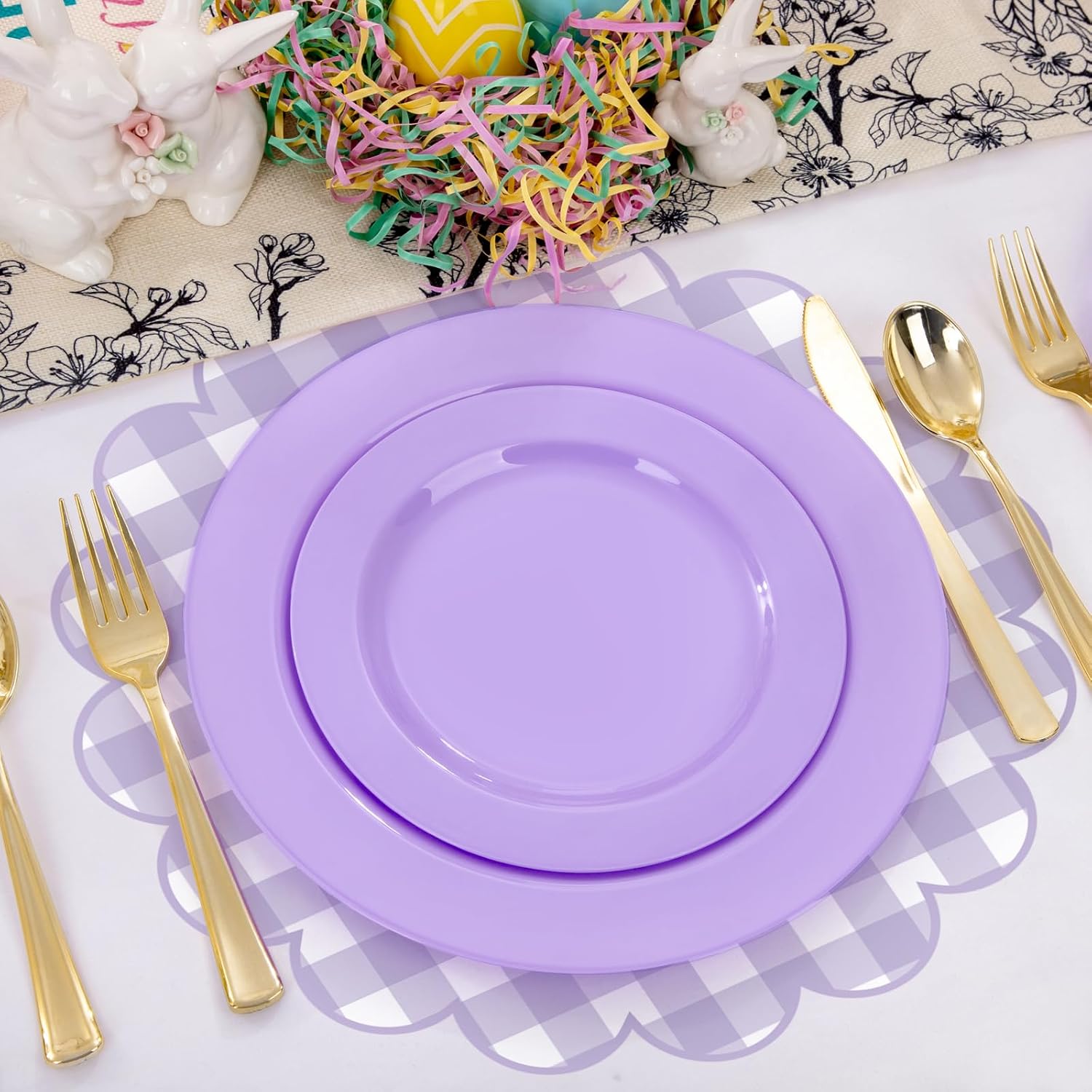 100 Pcs Checkered Paper Placemats Purple Gingham Place Mats 13.5 Inch Disposable Round Decorative Dining Table Mat with Scalloped Edge Paper Cutouts Decor for Wedding Baby Shower Party Supplies image 5