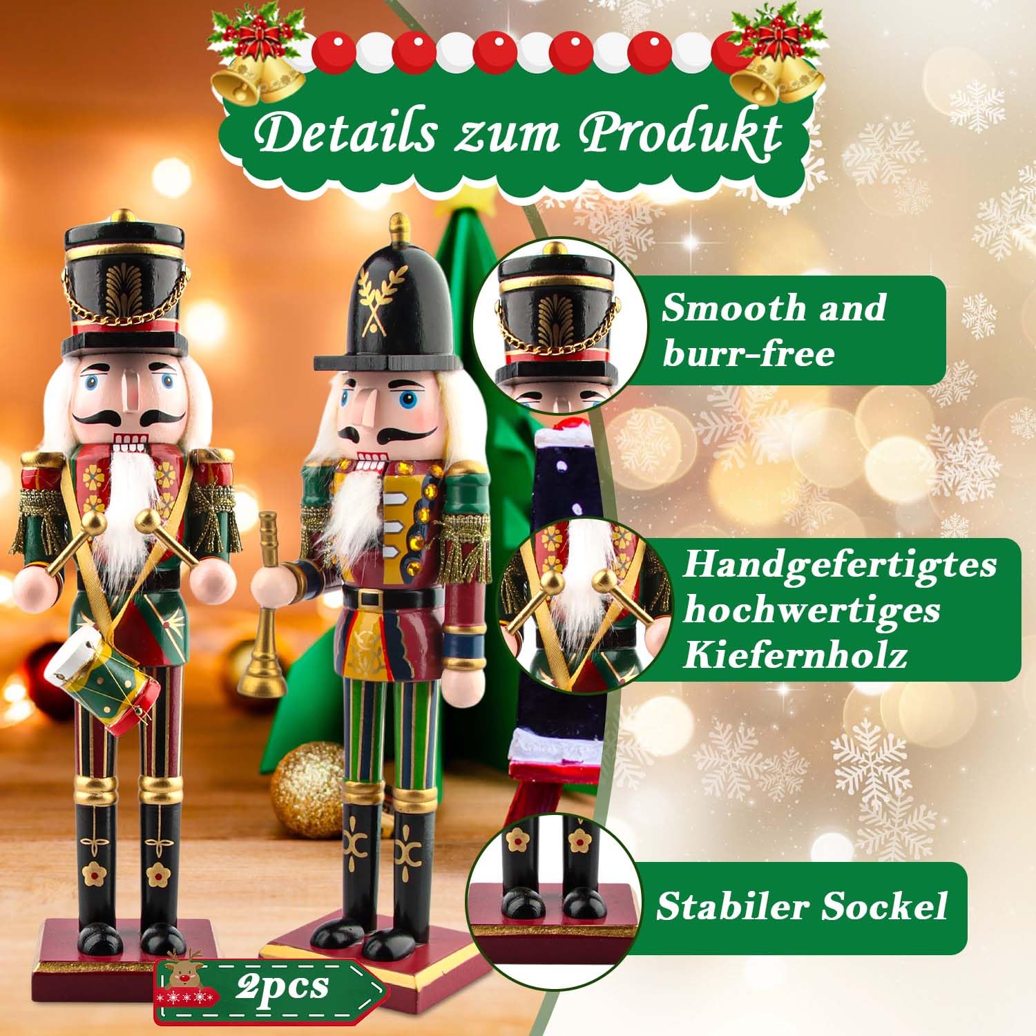 2 Pezzi Soldati Schiaccianoci di Legno (30 cm), Schiaccianoci Soldatino - Decorazioni Natalizie Per La Casa Particolar, Idee di Regali per Natale per Amici/Sorelle (Tamburi e Fanfare)
