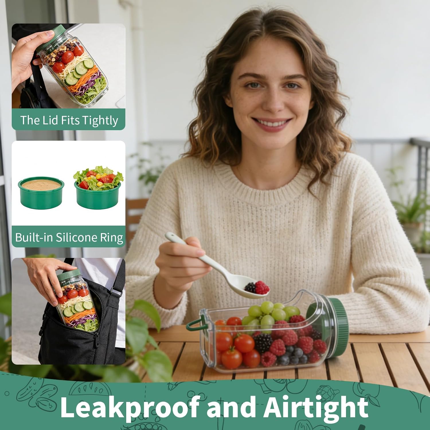 Leak-Proof 35oz Salad Jar, Leak-Proof Dressing Cup With Lid, Reusable BPA-Free Side-Opening Food Storage Container, For Office, Travel and Picnic,1 Ps (Green) - Image 3