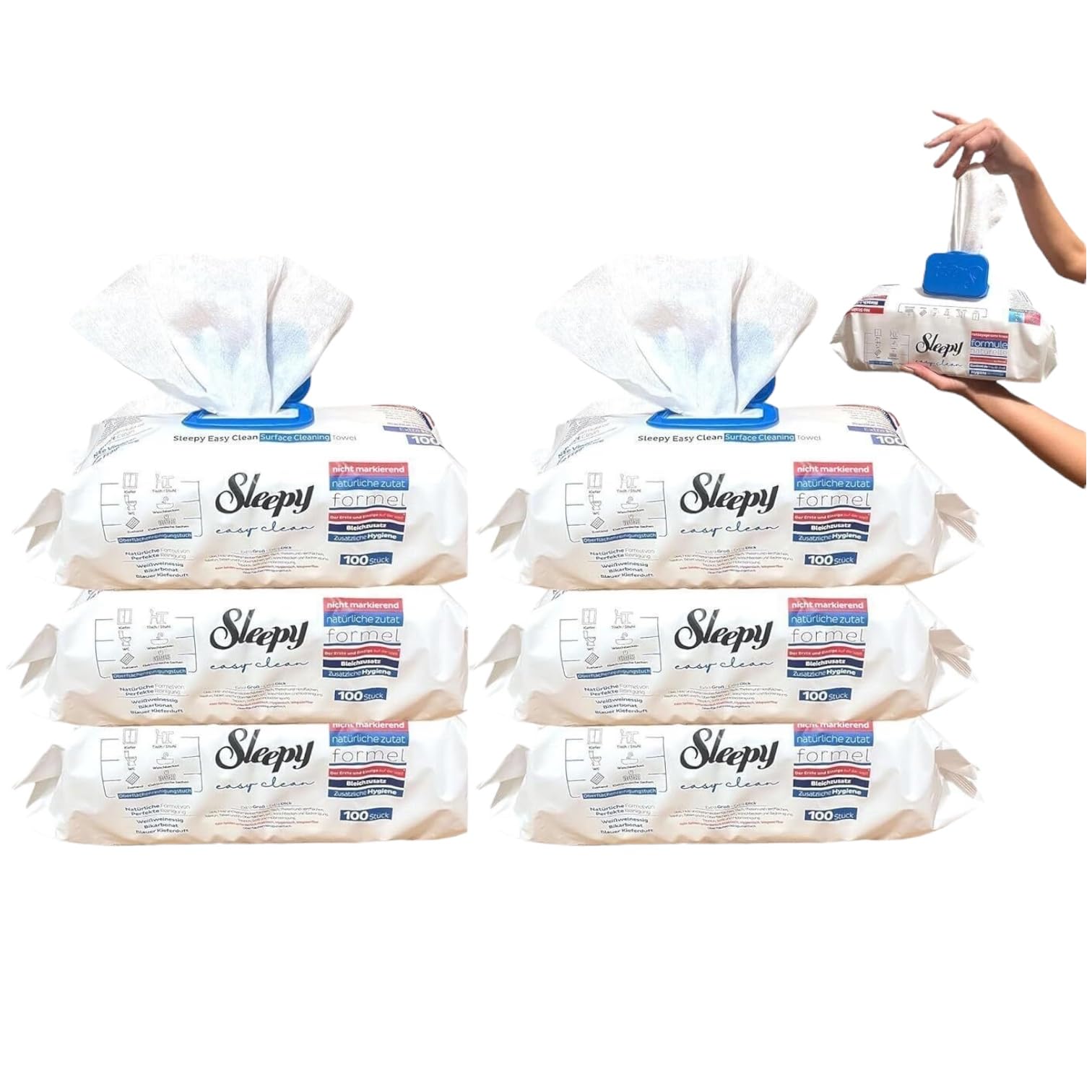 Clearfee Sleepy Lot de 6 lingettes humides de nettoyage de surface, 100 feuilles XXL, jetables, puissantes, avec additif blanchissant