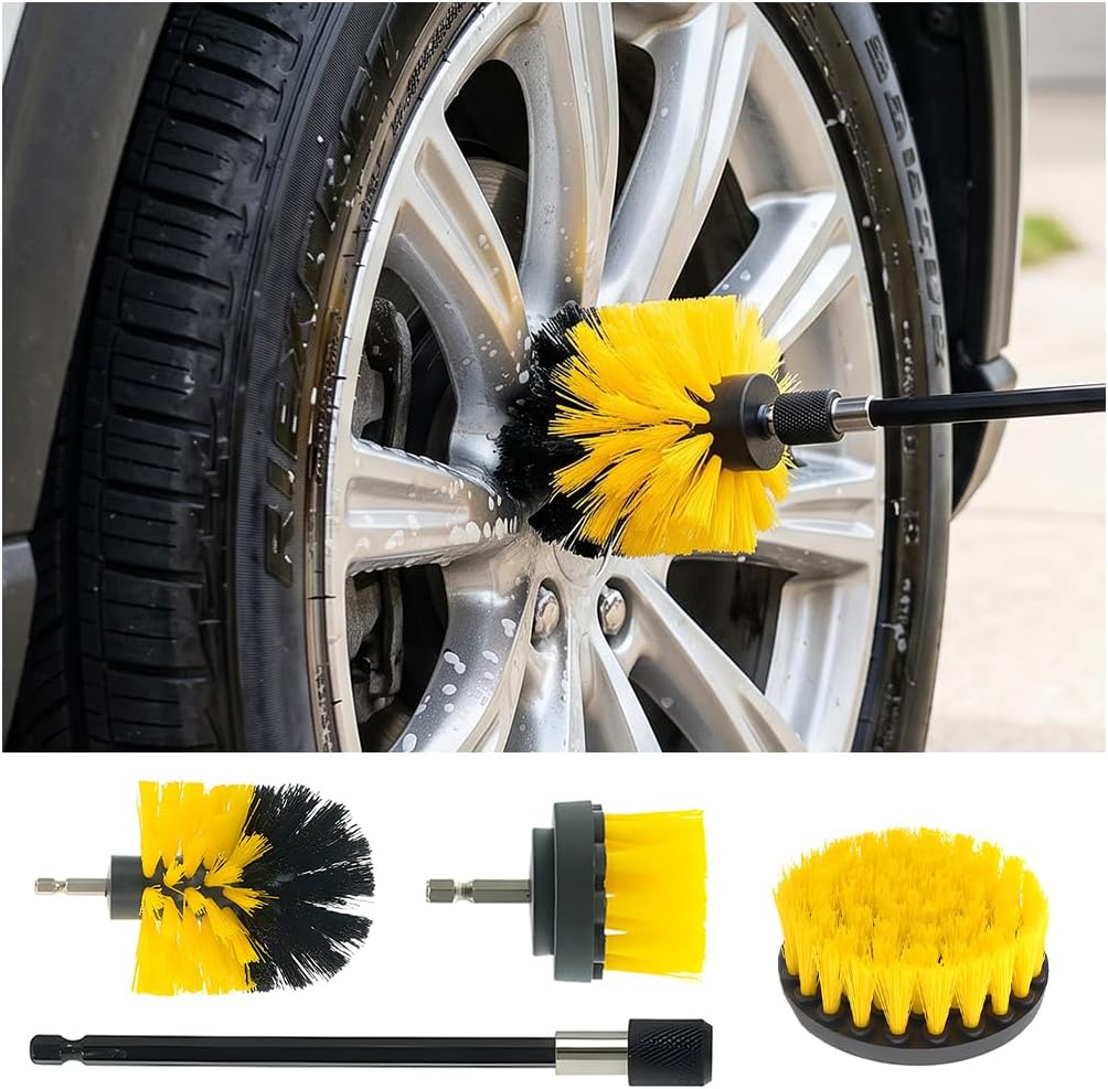 4PCS Car Drill Brush Attachment Set, Vehicle Power Scrub Drill Cleaning Brush Set with Extended Long Rod, Auto Drilling Detailing Scrubber Attachment, Universal Fit (Yellow)