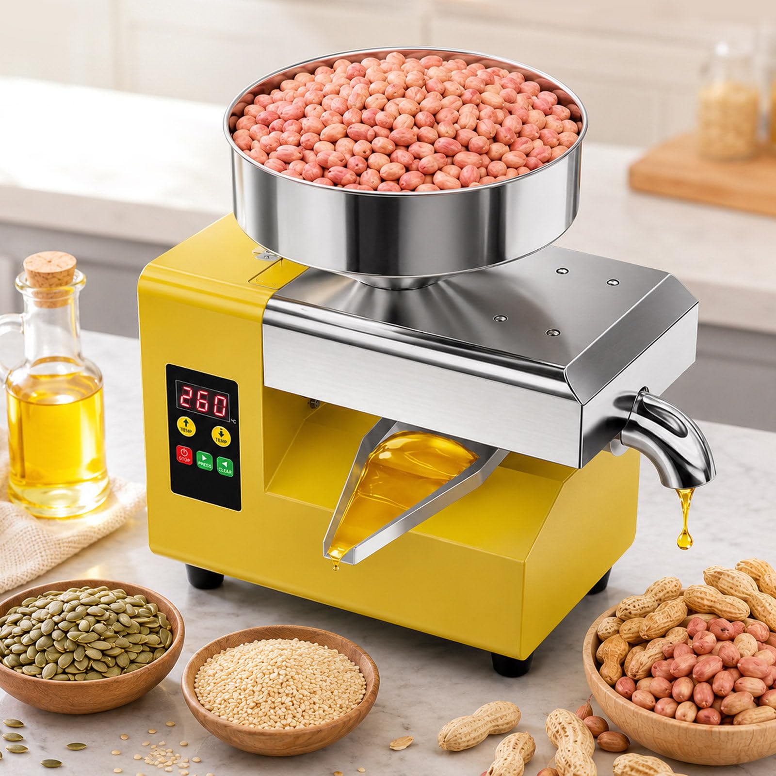Prensa De Aceite Profesional 1500 W, 4,5–9 Kg/H Para Cacahuetes | Prensado En Frío Y Caliente, 4,5–9 Kg/H, Motor De Alto Par Para Una Producción De Aceite Rápida Y Organizada