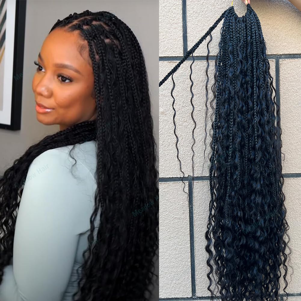 Crochet Boho Box Braids With Human Hair Curls Pre Looped Synthetic Hair Box Braid With Full Deep Wave Ends Crochet Hair Braiding for Black Women 14Inch 80 Strands