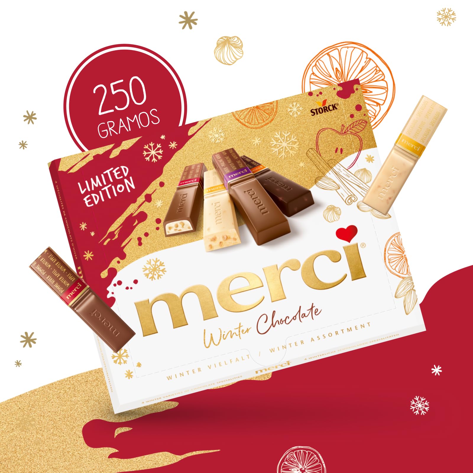 merci Winter Chocolate Limited Edition – 250 g – Caja de Bombones para Regalar, Disfrutar y Compartir – Surtido de 4 Especialidades de Chocolate de Invierno – Sin Gluten y Aptos para Vegetarianos