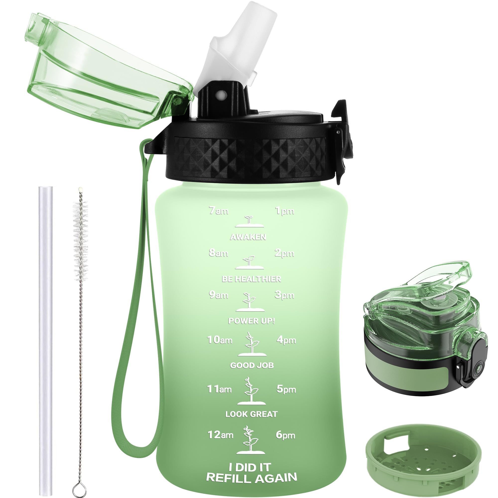 GOPPUS 350ml/12oz Kids Water Bottle With Straw Tritan Drinks Bottle with Strap Small Toddler Bottles with Flip Top Lid Leakproof Children's Cup with Time Marking BPA free Girl Boy (Sage Green Ombre) — image 1