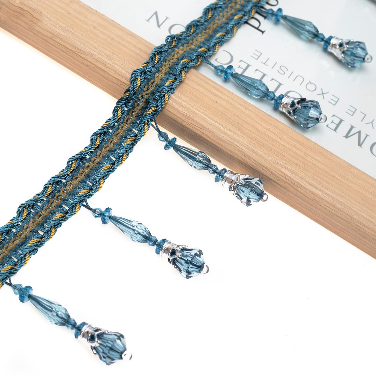 Yalulu 4 Yard Braided Beaded Hanging Ball Tassel Fringe Tassel Trim, Lace Trimming Ribbon Curtain Trim for Curtain Home Decoration (Blue)